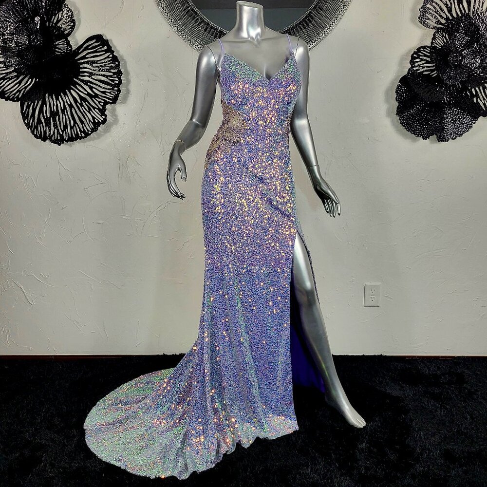 NWT~$550~JOVANI~8~LILAC PURPLE SEQUIN PROM FORMAL HIGH SLIT LACE UP MAXI DRESS
